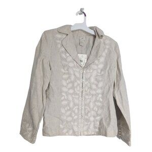J.Jill Women 100% Linen Blazer Jacket Lined Embroidered Button Front Size 8 -NEW